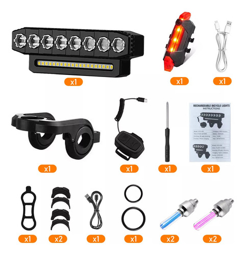 Ycrigns® Luz Para Bicicleta 10000 Lúmenes Impermeable 8 Led Recargable 7 Modos, Lampara Bicicleta Luces De Bicicleta Accesorios Con Luz Trasera, 4000mah Luces Impermeables Bicicleta Para Montar