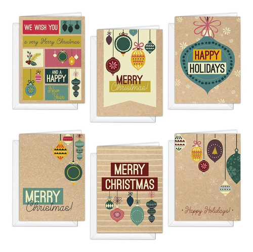 Retro Ornaments Holiday Cards  4 58 X 6 14 Faux Kraft C...