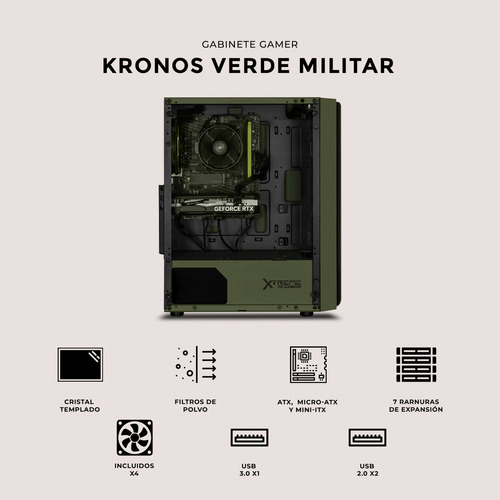 Gabinete Gamer XTREME PC GAMING Kronos Media Torre ATX 4 Fan ARGB Cristal Templado Verde Militar
