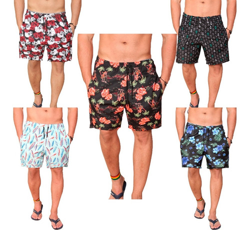 Kit 5 Bermudas Short Mauricinho Praia Tactel Estampado Bolso