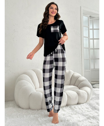 Pijama De Manga Corta A Cuadros Estampado A La Moda