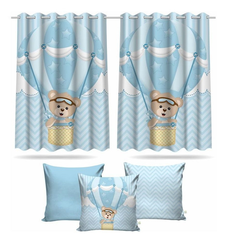 Imagem 1 de 10 de Kit Cortina Infantil Ursinho Baloeiro Md1 + 3 Capas Almofada