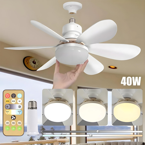 Foco Ventilador Led E26/e27 40w, Lámpara De Techo Foco Abanico Con Control Remoto, Incluye Expansor Y Base De Abanico