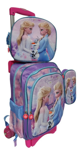 Mochila, Lonchera Y Lapicera Frozen Primaria Con Llantas, Ruedas O Carrito Lila