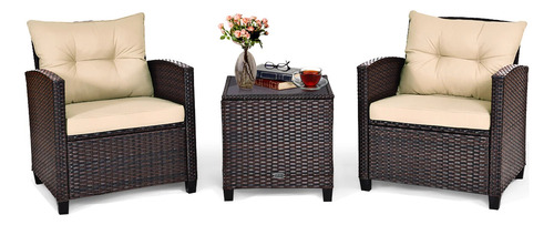 Juego De 3 Muebles Ratán Patio Acolchado Y Mesa De Centro