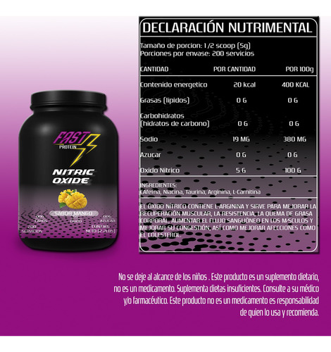 Óxido Nítrico Fast Suplement 1kg 200 Serv Varios Pre Entreno Mango-