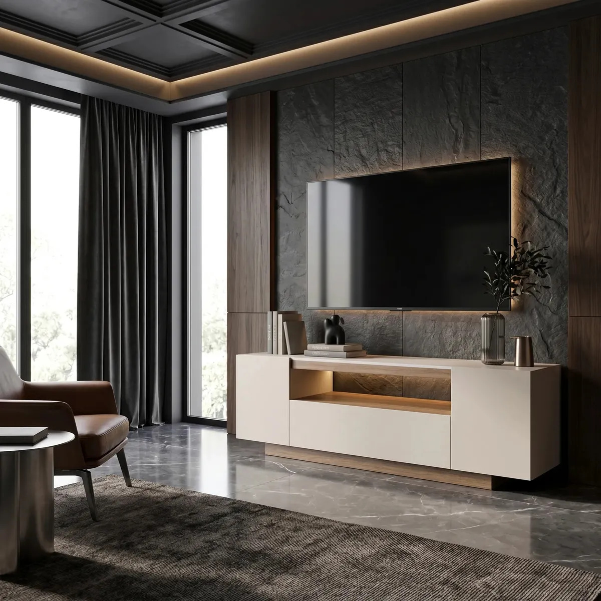 Rack Bancada Para Tv Moderno Off White Com Nicho Central Amadeirado Painel Decorativo Sala De Estar Elegante Suporta Tv Grande Design Minimalista Móvel Para Sala Home Tv Mdf Mdp