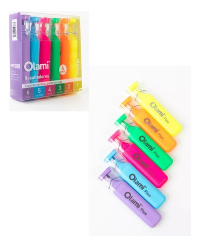 Resaltadores Punta Chata Olami Pack X6 Fluo Neon Pastel Surtido