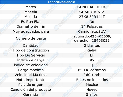 Paquete 2 Llantas 27x8.5 R14 95q General Grabber Atx