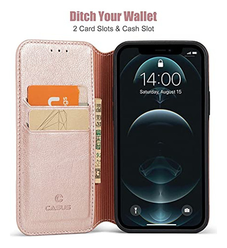Funda Cartera Para iPhone 12 12 Pro Rose Dorado 6.1puLG Piel