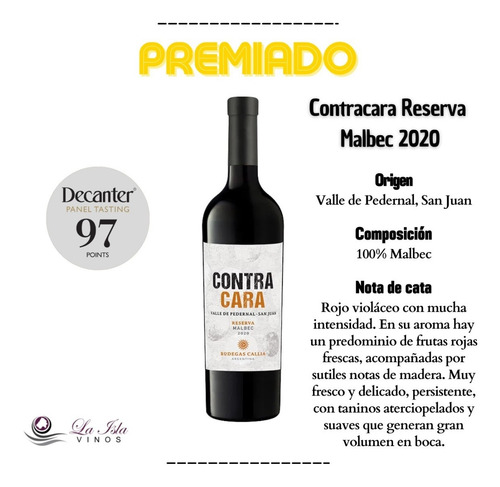 Imagen 2 de 10 de Vino Contracara Reserva Malbec Caja X6 Cosecha 2020 Premiado