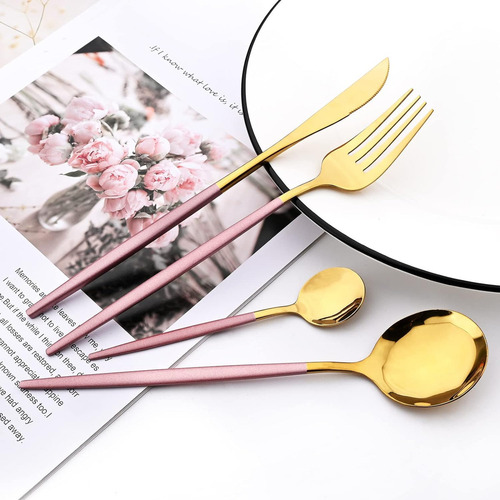 24pcs Conjunto De Talheres De Aço Luxo Inoxidável Rosa-ouro
