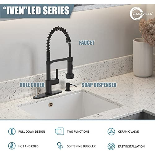 Grifo Cocina Negro Con Dispensador De Jabn, Luz Y Rociador E