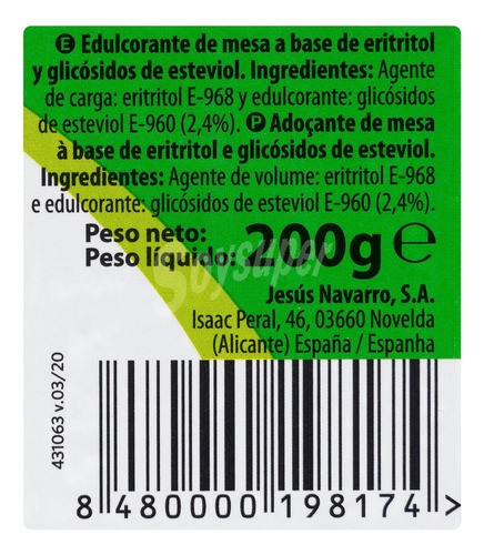 Edulcorante Granulado Stevia Hacendado 200 Gramos