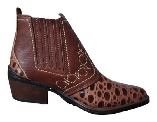 Bota Couro Estilo Country Festa Rodeio Cowboy Peao Botinha Linda Duas Cores Solado Costorado Cano Medio Salto Carrapeta