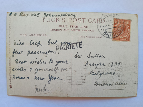 Ss Arandora Barco Blue Star Line 1929 Postal Inmigracion (Usado)