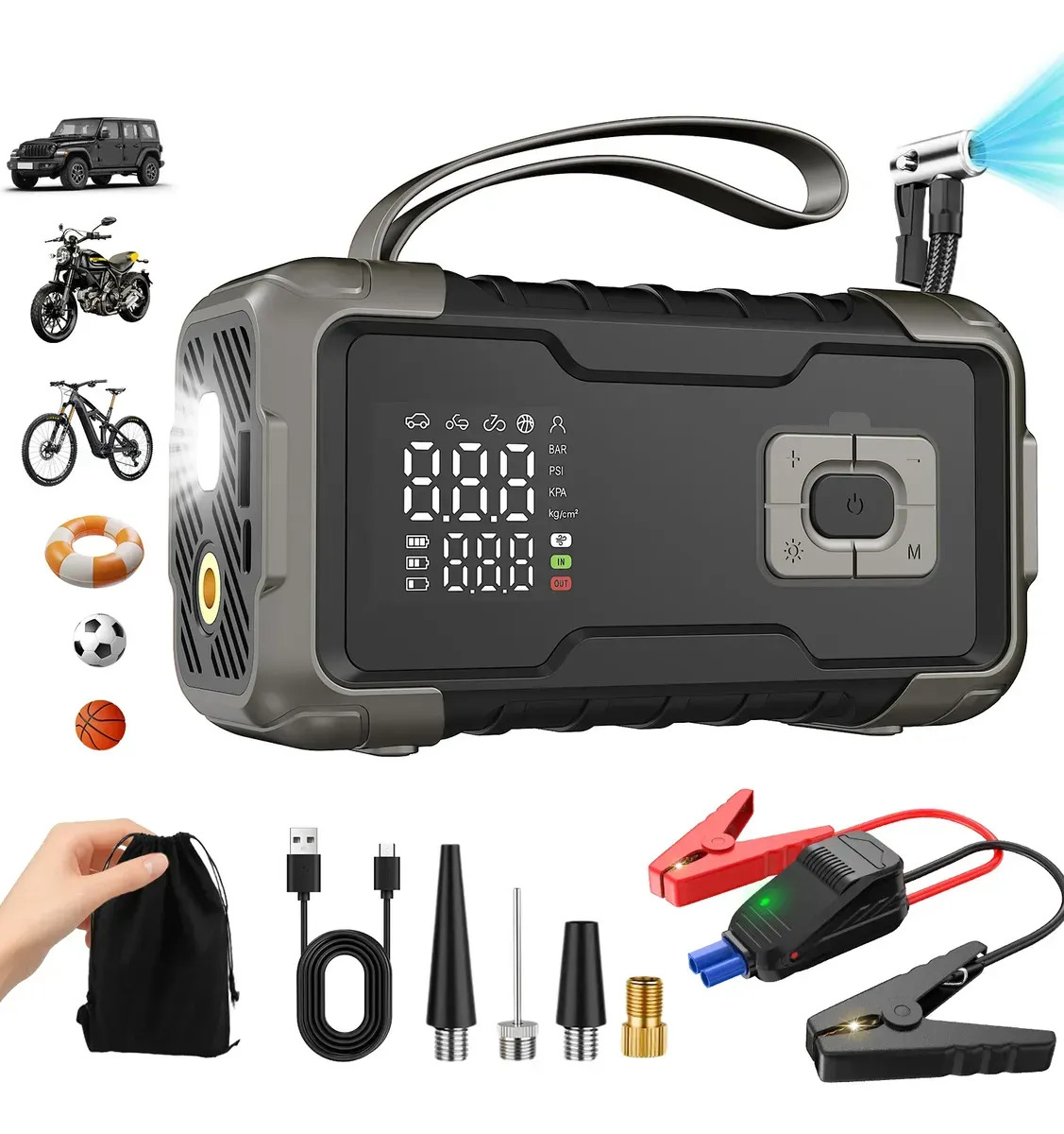 Auxiliar Partida Bateria Portátil Compressor Ar Emergência, Chupeta Veicular 12v Para Carros Motos E Encher Pneu Com Carregamento Rápido