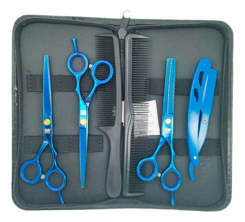 Kit 3 Tesoura 6`cabeleleiro Barbeiro 1 Navalha Profissional Cor Azul