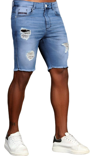 Bermuda Jeans Destroyed Skinny Masculina Azul Com Elastano