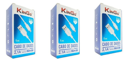 Kit 3 Cabos Usb V8 Branco Kingo 1m 2.1a P/ Galaxy A7 2018