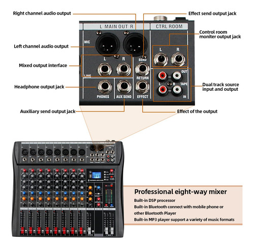 Consola De Sonido Profesional 8 Canales Usb Bluetooth Negro