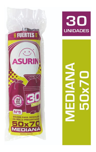 Imagen 1 de 3 de Bolsas Residuo Asurin Rollo 50x70 Mediana Negra 30 Unid