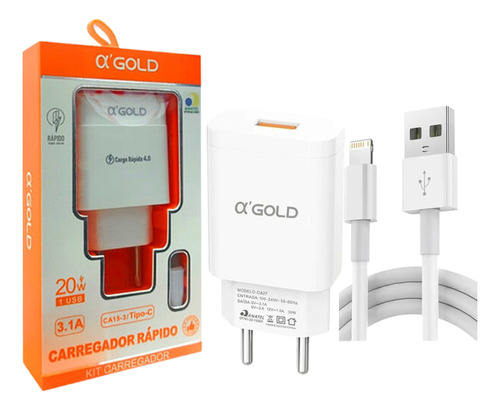 Carregador Turbo 30w 6a iPhone 8/x/11/12/13/14 Fonte + Cabo Cor Branco