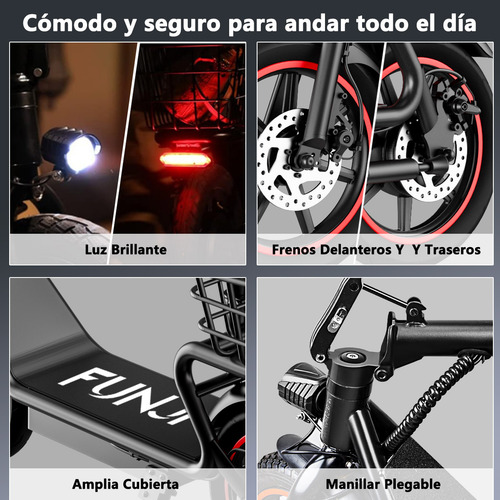 Funjn e11 Scooter Eléctrico Plegable Con Asiento 32km/h-velocidad 45km-autonomía Max Batería 13ah Motor Color Negro Con Rojo Funjn Patin Electrico