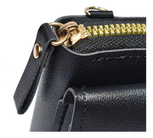 Cartera Bandolera Portacelular Tresher En Ecocuero Negro Lisa Dorado Negro