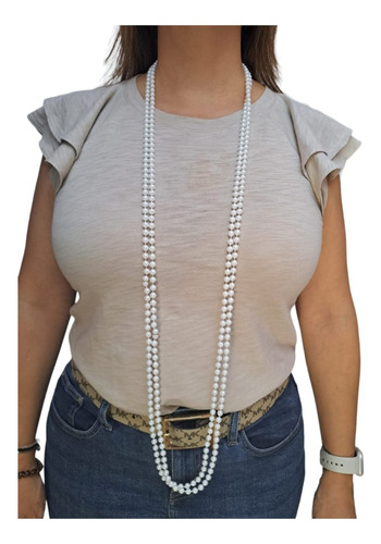 2 Collares De Perlas Plástico Batucada Barbie Charlestón Color Blanco Perlas
