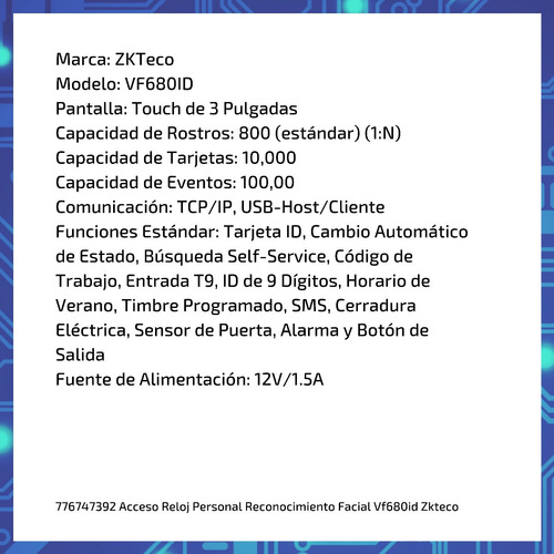 Imagen 5 de 8 de Control Acceso Reloj Ztkeco® Reconocimiento Facial Vf680id