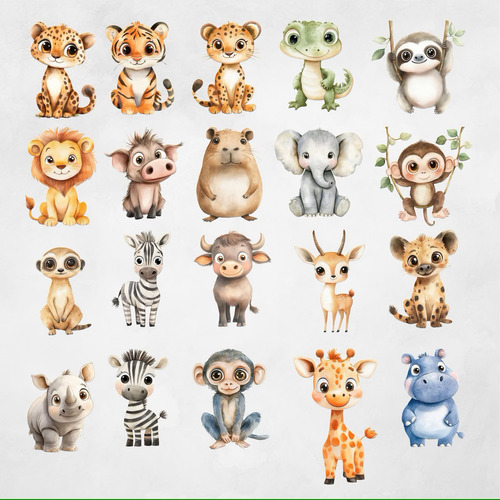 Kit Imagenes Clipart Png Animalitos Safari Acuarela Cap02