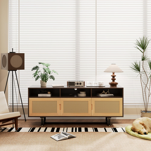 Bzpoui Sideboard Media, Retro Rattan Table With 3-door And .