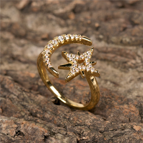 Imagen 6 de 6 de Anillo Luna Estrella Ajustable Baño De Oro 18k