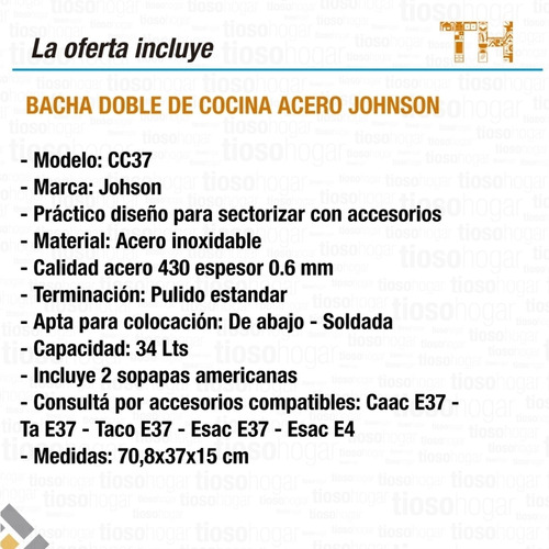 Imagen 4 de 10 de Pileta Cocina Doble Bacha Johnson Cc37 De 70x37 Acero Inoxidable 430 Diseño Acabado Pulido Standard Sopapa Americana