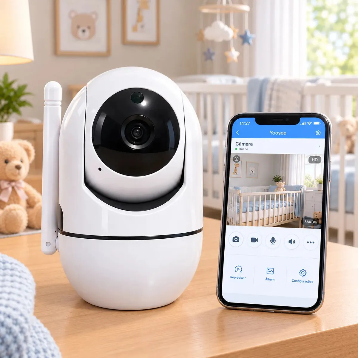 Câmera Baba Eletrônica Wifi Sem Fio Visão Noturna Audio 360 Branco