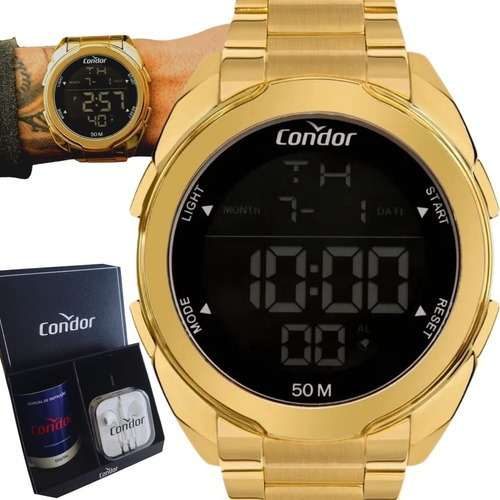 Relógio de pulso Condor COBJK006AB/K7D com corpo dourado,  digital, para masculino, fundo  preto, com correia de aço inoxidável cor dourado, subdials de cor cinza, ponteiro de minutos/segundos cinza, bisel cor dourado