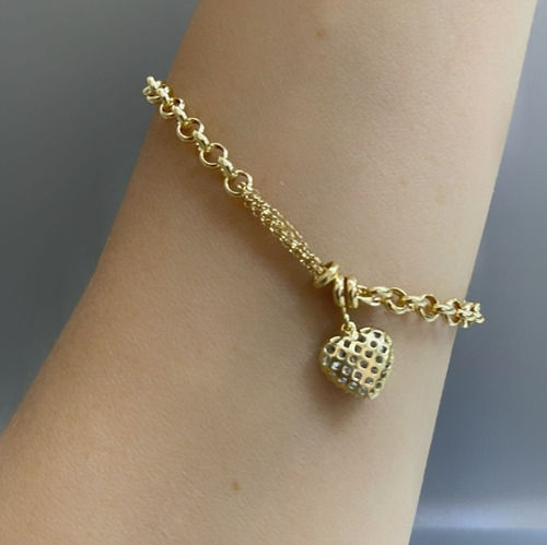 Pulseira Portuguesa Ouro 18k 750 Coração Cravejado Comprimento 20 Cm Diâmetro 5 Cm