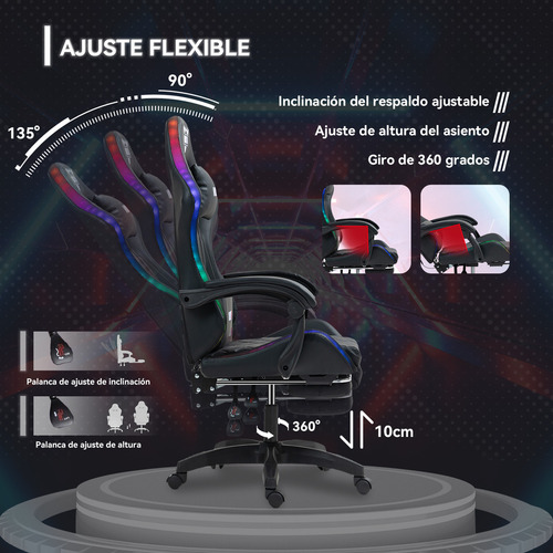 Silla Gamer Rgb Knight800 Reclinable Con Masajeasdor Reposapiés Vidita Silla Gaming PC Videojuego Cuero Sintético Color Negro