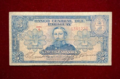 Billete 5 Guaraníes Paraguay 1953 Pick 186 A.1 Maya Mendez (Usado)