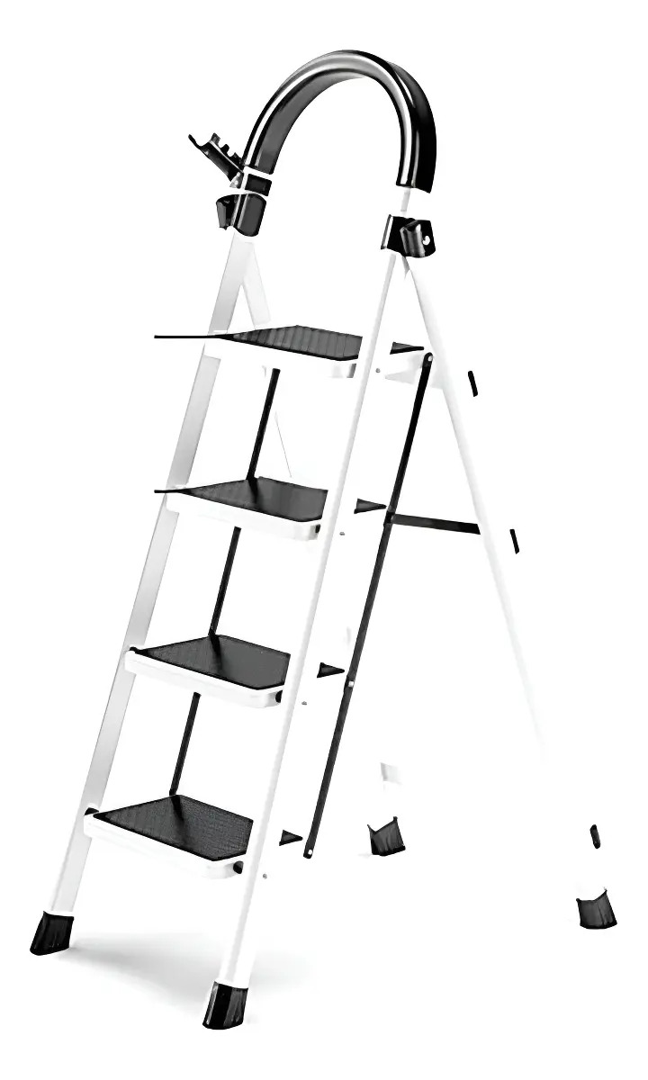 Escalera Plegable 4 Escalones Tijeras Reforzada Home Co PLEG-4ESC Color Blanco Acero Carbono Soporta 140kg Fácil Guardado Segura