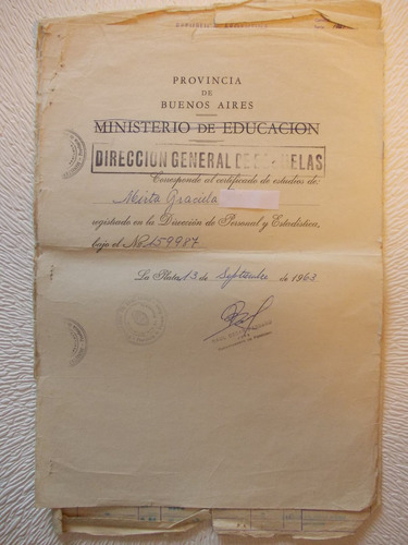 3425- Certificado Usado De Estudios, Prov. Bs. As. 1963