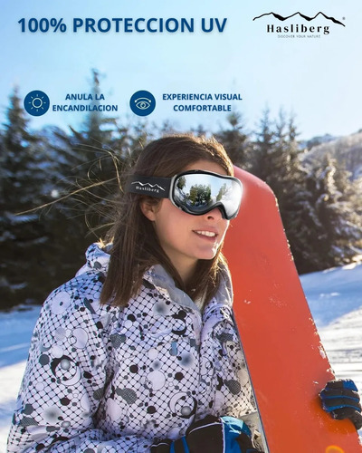 Antiparras Ski Snow Hasliberg Frost Antiempaño Uv400 Estuche Lente Vlt 14 Silver Mirrored Armazón Negro