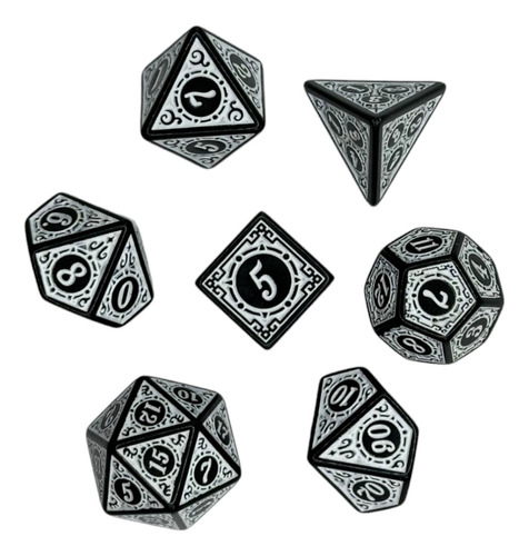 Set De 7 Dados Juegos De Rol - Blanco Y Negro - Grabados