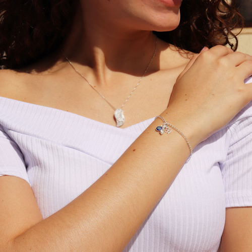 Pulseira Pingente Olho Grego Figa Trevo Sorte Prata Lei 925