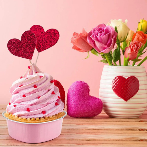 100PCS 3.5oz/100ml Mini Moldes de Torta de Corazón con Tapa, Moldes de Torta de Corazón de Papel de Aluminio, Adecuados para el Día de la Madre, Día de San Valentín, Bodas, Fiestas y Cumpleaños, Rosa