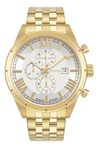 Relógio Technos Masculino Banhado A Ouro Cronógrafo Js15fw Correia Dourado Bisel Dourado Fundo Branco