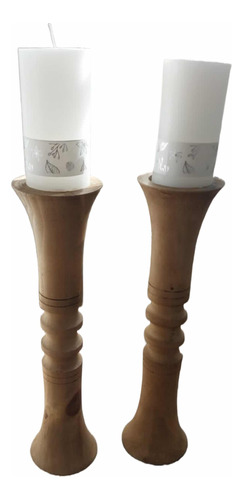 Candelabros De Madera Torneados Encerados Set X 2 De 40 Cms