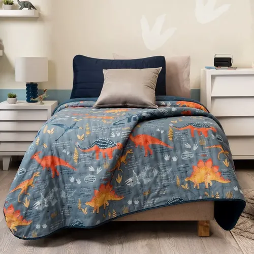 Juego Funda Edredón Individual 100% Algodón Dinosaurios – Suave, Hipoalergénica Con Cremallera Y Lazos (135x200 Cm)