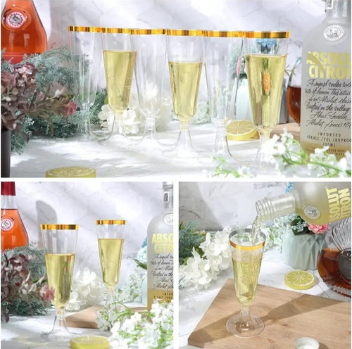 6 Copas De Plástico Reutilizables Para Champagne Filo Dorado
